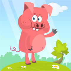 Happy cartoon pig presenting. Farm animals. Illustration of a smiling piggy isolated on white