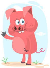 Obraz na płótnie Canvas Happy cartoon pig presenting. Farm animals. Illustration of a smiling piggy isolated on white