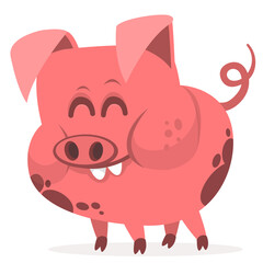 Happy cartoon pig presenting. Farm animals. Illustration of a smiling piggy isolated on white