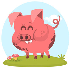 Happy cartoon pig presenting. Farm animals. Illustration of a smiling piggy isolated on white