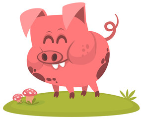 Happy cartoon pig presenting. Farm animals. Illustration of a smiling piggy isolated on white