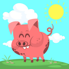 Happy cartoon pig presenting. Farm animals. Illustration of a smiling piggy isolated on white