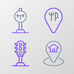 Set line Location with house, Traffic light, Cafe and restaurant location and Fork in the road icon. Vector