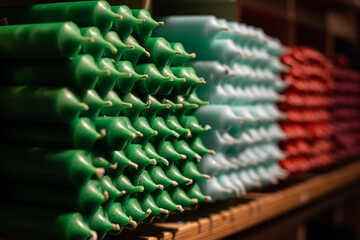 Obraz premium Colorful stick candles arranged on shelves and sorted by color in a candle shop.