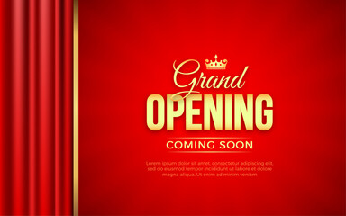 Realistic grand opening invitation with red curtains, golden elements and 3d editable text effect