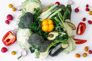 Vegetables and fruits, flat lay isolated on white background.