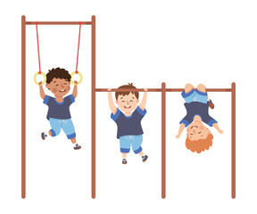 Little Boy Engaged in Physical Education Hanging on Chinning Bar During Class at School Vector Illustration
