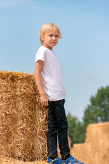 Naklejka na ściany i meble Blond boy standing on haystack in field. Full-length portrait of child near the sheaf of hay in the village.