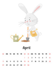 Calendar page for the month of April 2023 with a cute rabbit, digging with a shovel, planting a carrot. Bunny gardener. Adorable animal, a character in pastel colors. Vector illustration on white.
