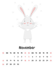 The calendar page for the month of November 2023 with a cute smiling rabbit, rejoicing in the flying snowflakes. Adorable animal, character in pastel colors. Vector illustration on a white background