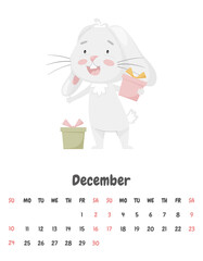 Calendar page for the month of December 2023 with a cute happy rabbit holding gift boxes. Adorable animal, a character in pastel colors. Children's calendar. Vector illustration on a white background.