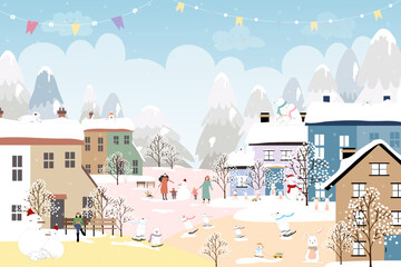 Winter landscape with happy people, polar bear and rabbit playing ice skate in City park,Vector banner Winter wonderland bunny, bear celebrating in forest,Merry Christmas and New year 2023 background
