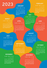 Calendar 2023. Vector colorful poster. Week starts on Sunday