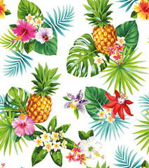 Tropical seamless pattern with pineapples, palm leaves and exotic flowers. Floral design on a white background. Vector illustration.