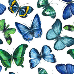 Obraz na płótnie Canvas Tropical butterflies. Watercolor botanical illustration. Seamless pattern. Design for fashion, fabric, textile