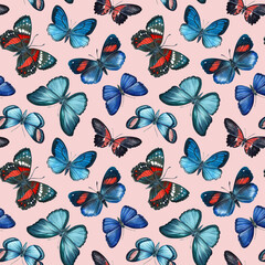 Butterflies on isolated pink background. Watercolor illustration. Seamless pattern. Design for fashion, fabric, textile