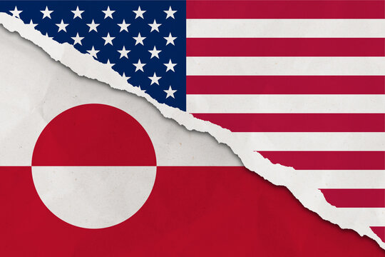 United States and Greenland flag ripped paper grunge background. Abstract USA and Greenland economics, politics conflicts concept texture background