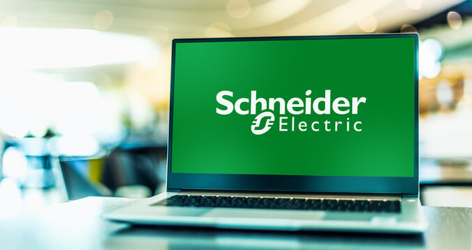 Laptop computer displaying logo of Schneider Electric