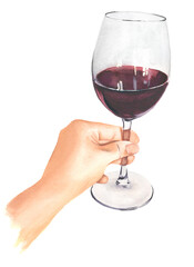 Watercolor illustration of a hand with a glass of red wine stretched forward