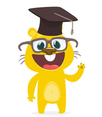 Cartoon vector illustration of cute hamster wearing graduation hat. Isolated