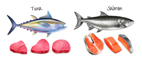 Realistic Tuna Salmon Steak Icon Set - obrazy, fototapety, plakaty