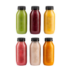 colorful smoothies in bottles with fresh tropical fruit , berries and superfoods isolated on white