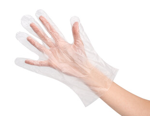 transparent disposable glove on women hand. hand palm dressed in new nice disposable plastic latex...