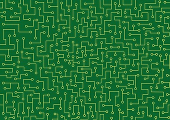 Seamless pattern green printed circuit board with yellow contacts on a gradient background. Schematic representation of electrical contacts and conductors
