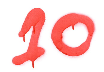 Red spray stain number ten, 10 isolated on white 