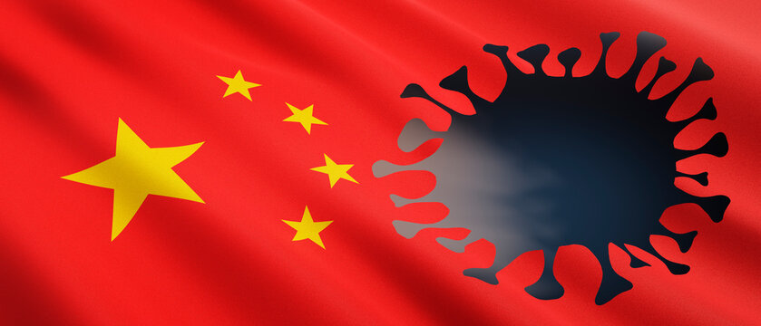 Waving flag of China with hole in shape of a corona virus