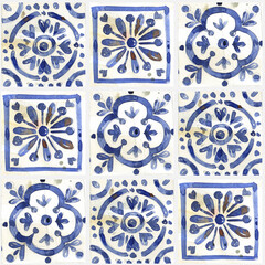 Set of watercolor illustrations - ceramic tile stylization with cobalt ornaments. Azulejos portugal, Turkish ornament, Moroccan tile mosaic, Talavera ornament.