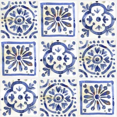 Stof per meter Set aquarel illustraties - keramische tegel stilering met kobalt ornamenten. Azulejos Portugal, Turks ornament, Marokkaans tegelmozaïek, Talavera-ornament. © Tonia Tkach