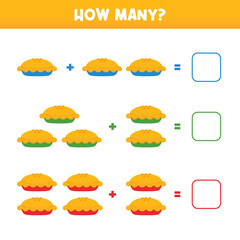 Obraz premium Educational game for kids, children. How many pies. Game-based math learning, counting game. Vector printable illustration, page.