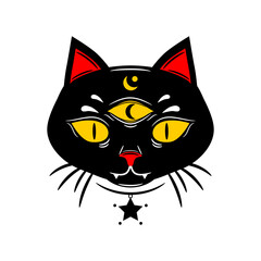 Black mystic face cat three yellow eyes witch magic with moon and star boho tattoo icon flat vector design.