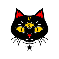 Black mystic face cat three yellow eyes witch magic with moon and star boho tattoo icon flat vector design.