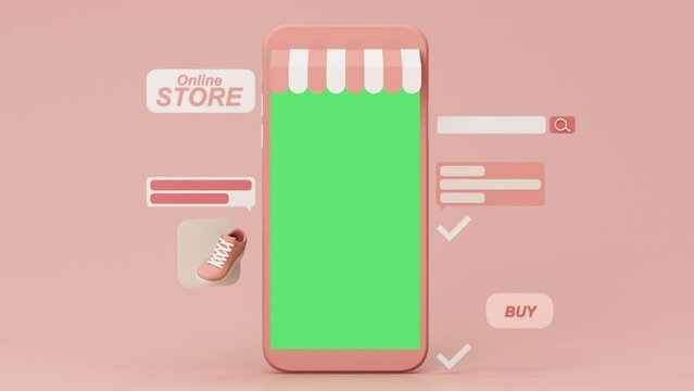 Online store concept on phone screen with striped awning and pastel shoes sneaker on phone screen with buy icon and comment text review product. on a pink pastel background. realistic 3d render