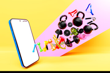 3D colorful illustration of a modern smartphone with a panel with sports equipment. the concept of online workouts, fitness training