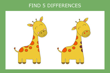 Educational game for children. Find 5 differences between giraffes and circle them