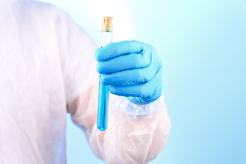 Chemical laboratory preparation in the form of blue liquid in a test tube.