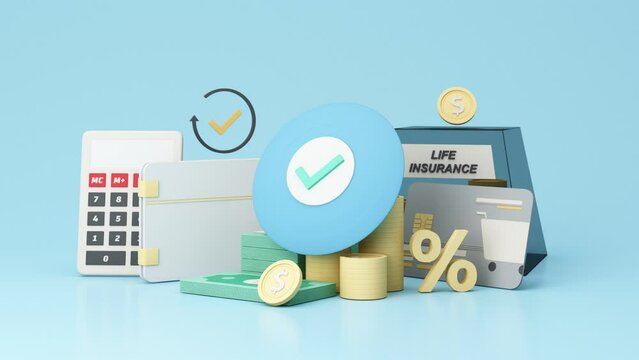 Concept of money protection, financial savings insurance. Secure investment, surrounding by gold coin, cash, piggy bank, credit card, wallet isolated on blue pastel background realistic 3d render.