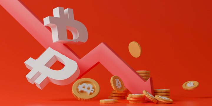 3d rendering cryptocurrency price collapse crisis. Downward arrow crash broken bitcoin symbol on red background.