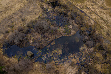 Aerial drone view of small marshland on sunny spring evening day.