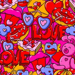 Love seamless pattern with red letters, sweets, donuts, hearts. Valentine's day romantic cute design. Doodle, cartoon style.
