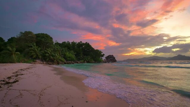 Colorful sunset over Anse Severe Beach at the La Digue Island, Seychelles