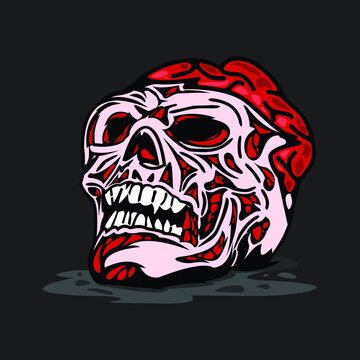 Brain in skull, Broken skeleton head illustration artwork.