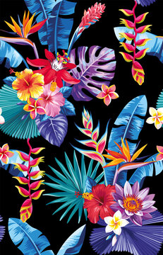 Tropical seamless pattern with exotic flowers and leaves. Floral design on a black background. Vector illustration.
