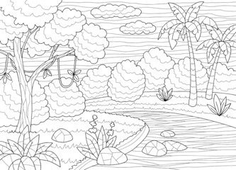 Jungle river coloring graphic black white landscape sketch illustration vector