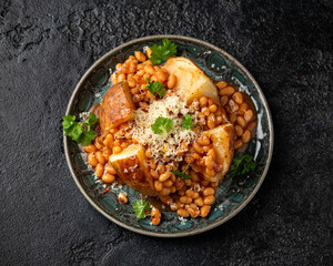 Jacket Baked potato with tomato beans, cheddar cheese. Traditional British food