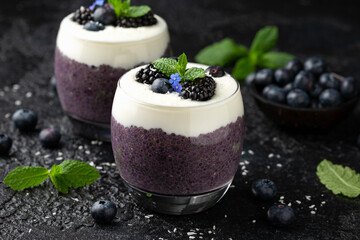 Healthy vanilla blueberry chia pudding in a glass with fresh berries