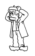 Worried and surprised man character with his hands on head wearing traditional clothes, beret and clogs. Black and white line sketch hand drawn style vector illustration isolated on white background.